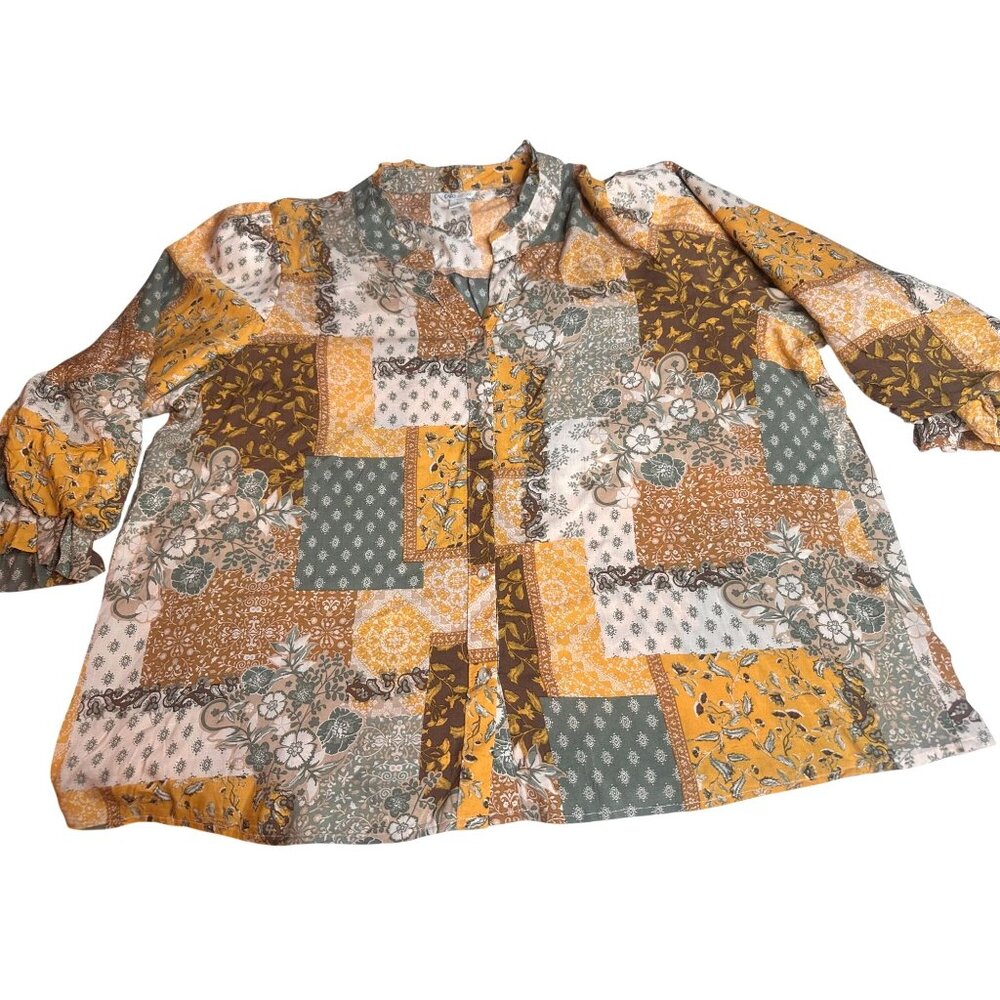 Patchwork Print Button Down Top Women Bubble Styl… - image 1